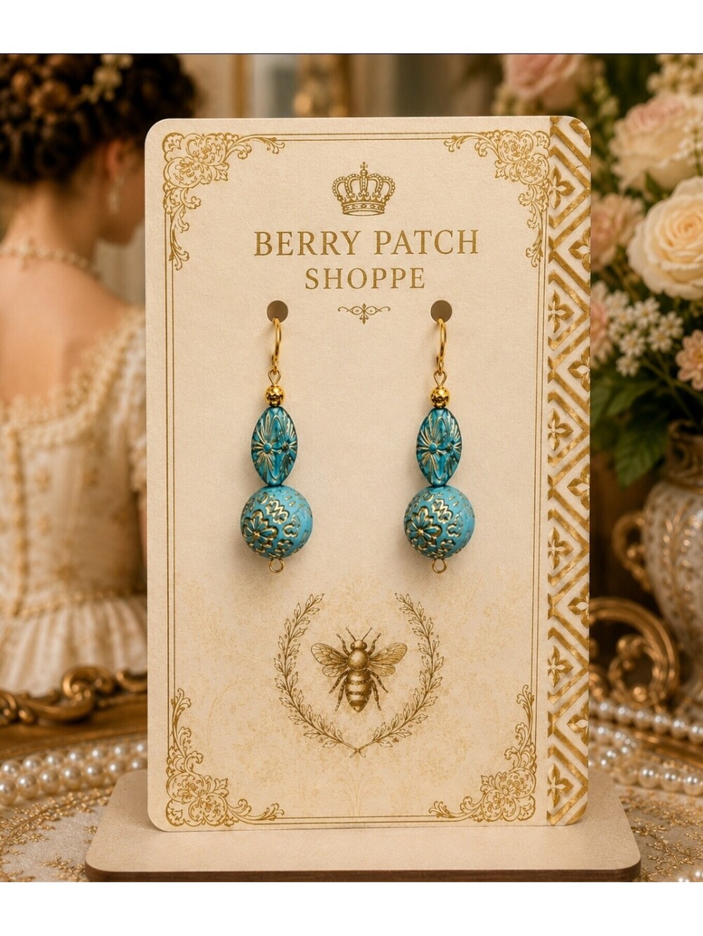 Victorian Georgian Regencycore Bridgerton Gold Turquoise Hypoallergenic Earrings